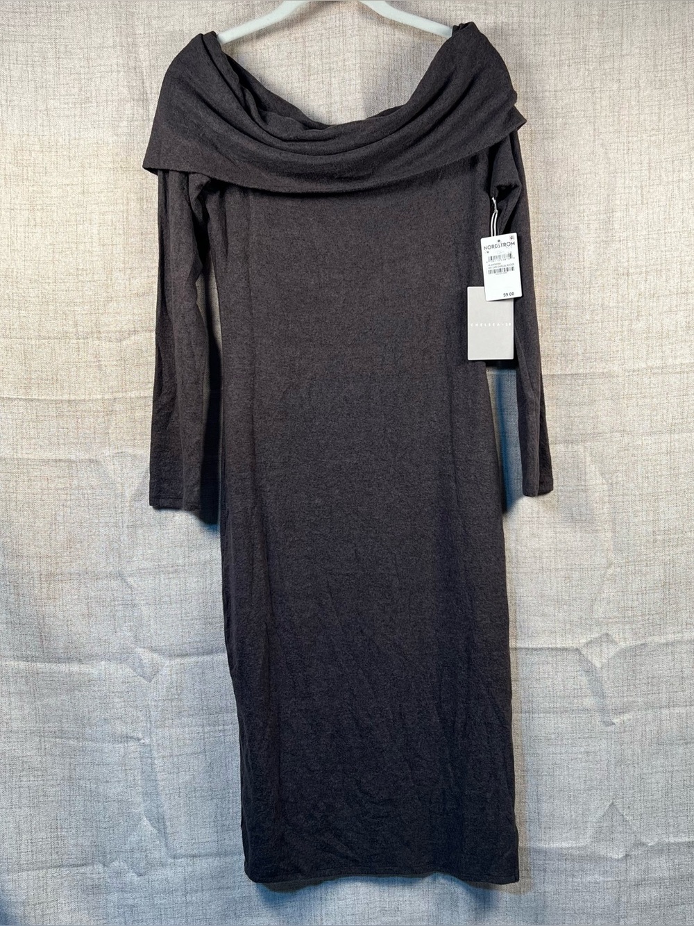 Chelsea 28 Dress Gray Off Shoulder Stretchy Casual Cozy Long Sleeves NWT Medium